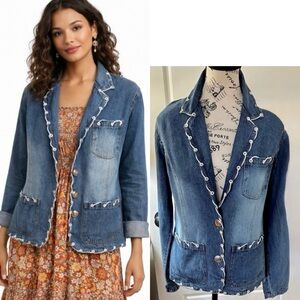 Vintage New Identity Denim Jacket Boho Lace Trim Button Front Cotton India~ M💛
